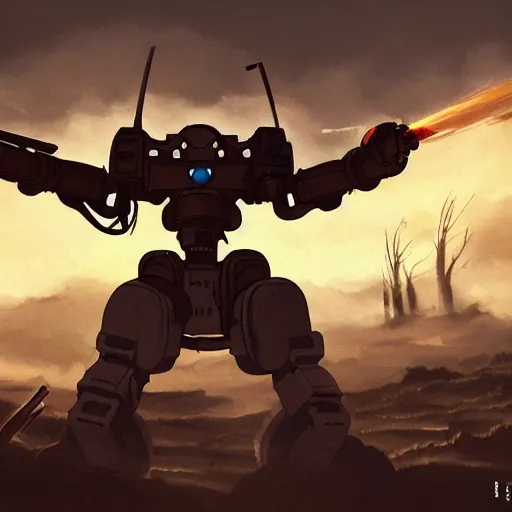 Prompt: a mech with guns on each arm preparing for combat, battlefield, dead trees, fire, smoke, dark clouds, slightly sunny, ominous, intense, epic, extremely detailed, cinematic lighting, studio ghibli, anime, steampunk,