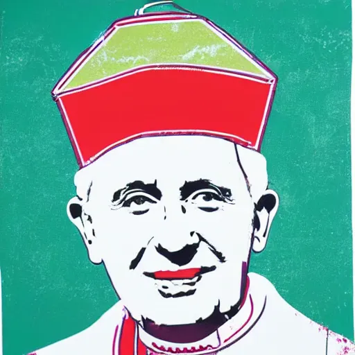 Image similar to portrait of pope benedict xvi wearing tiara on the top of his head in the style of screen print by andy warhol. pop art