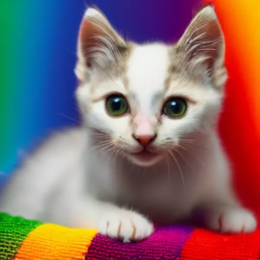 Image similar to a kitten on a rainbow wearing a bowtie