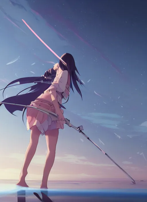 Image similar to anime girl with a katana walking on water, ripples, backdrop of dawn, saturn in the background, low angled illustration from demon slayer from genshin impact from jujutsu kaisen, concept art, anime, key visual, trending pixiv fanbox by wlop and greg rutkowski and makoto shinkai and studio ghibli