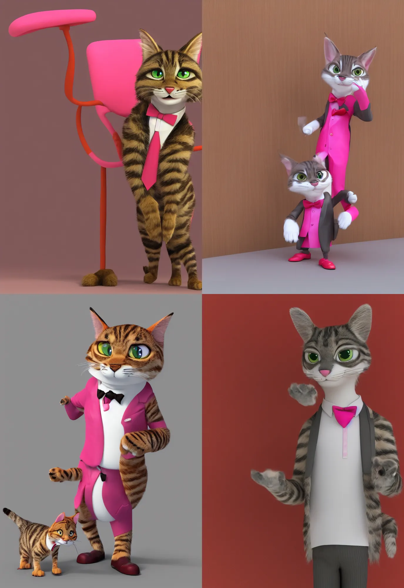 Prompt: 3d render , anthropomorphic male tabby cat,wearing a pink tux ,standing in a red room, style of Zootopia, 8K HD Resolution, High quality image