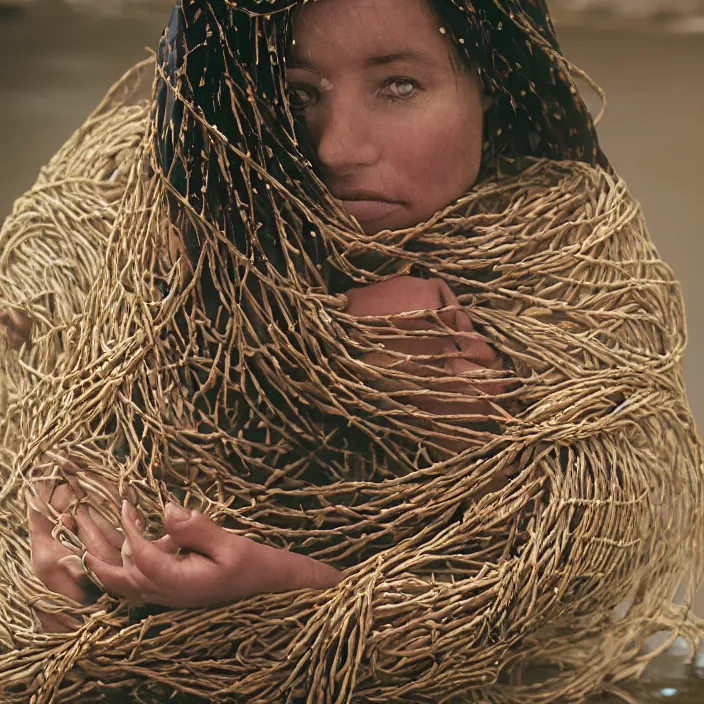 Image similar to closeup portrait of a woman with a cloak made of ribbons and twine, sitting in water, by Annie Leibovitz and Steve McCurry, natural light, detailed face, CANON Eos C300, ƒ1.8, 35mm, 8K, medium-format print