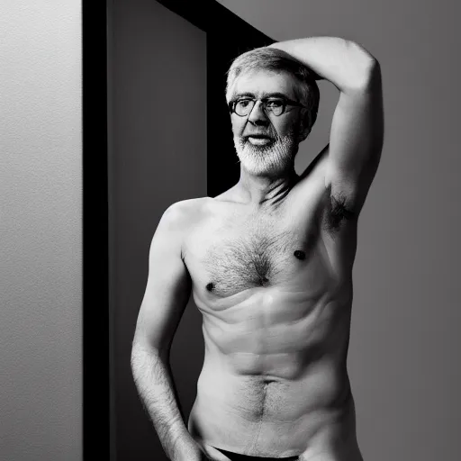 Prompt: Gerry Adams as armani underwear model, black and white, artistic photo, advertisement, product placement, photorealistic, 8k,