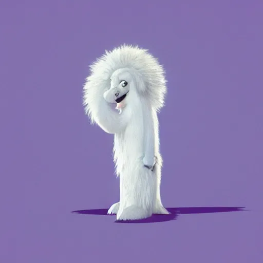 Image similar to A photo of a white fur monster standing in a purple room