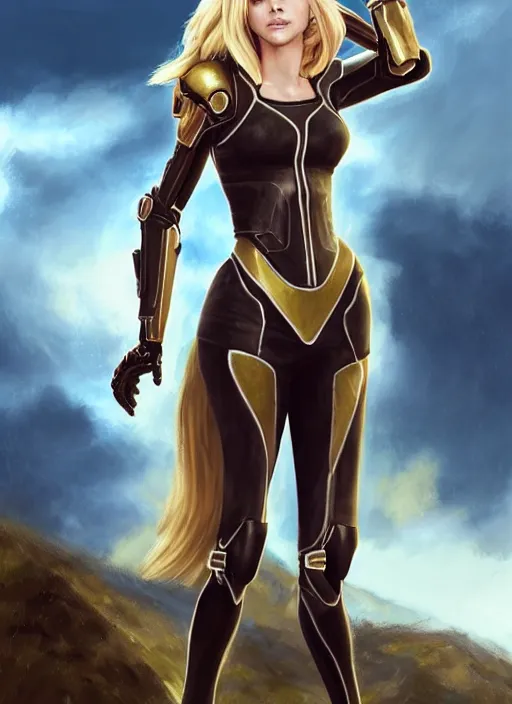 Prompt: portrait of a combination of Ashley Greene, Katheryn Winnick, Victoria Justice and Adriana Dxim, Grace Kelly, Emma Watson and Lily Collins with blonde hair wearing Samus' Armor from Metroid, countryside, calm, fantasy character portrait, dynamic pose, above view, sunny day, thunder clouds in the sky, artwork by Jeremy Lipkin and Giuseppe Dangelico Pino and Michael Garmash and Rob Rey and Greg Manchess and Huang Guangjian, very coherent asymmetrical artwork, sharp edges, perfect face, simple form, 100mm