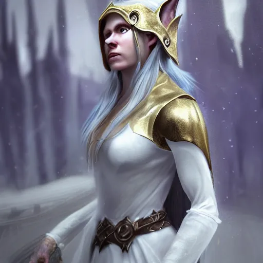 Image similar to a closeup portrait of an elven sorceress from skyrim wearing a white dress, fantasy setting, cold environment, serene colors, soft lighting, atmospheric, cinematic, moody, in the style of diego koi, gina heyer, luiz escanuela, art by alyssa monk, depth, hyperrealism, rule of thirds, golden ratio, oil on canvas, 8 k