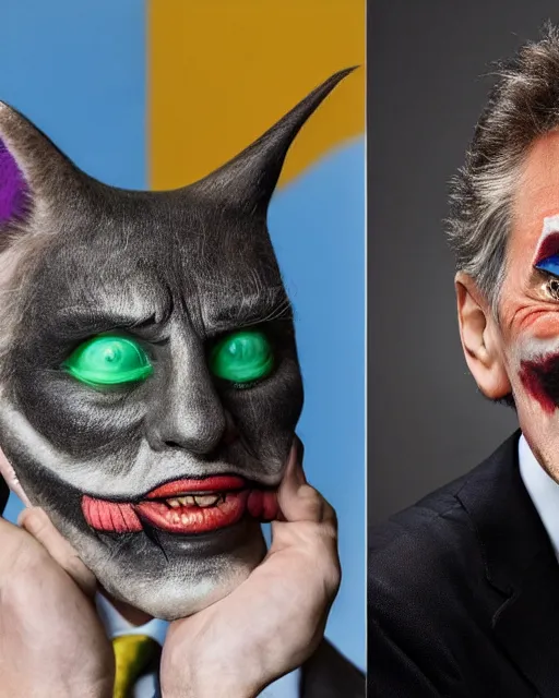 Image similar to Mauricio Macri in Elaborate Joker Makeup and prosthetics designed by Rick Baker, Hyperreal, Head Shots Photographed in the Style of Annie Leibovitz, Studio Lighting, Mauricio Macri with an angry cat in his hand