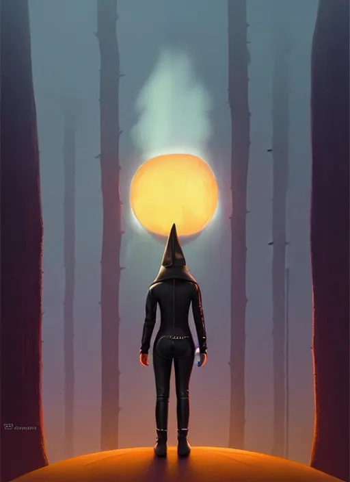 Prompt: perfectly centred realistic picture of a character dressed in leather tight suit and witch hat, dark, poster, ralph mcquarrie, simon stalenhag