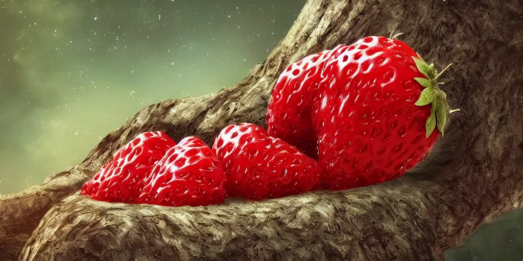 Image similar to beautiful digital illustration of a stawberry with cute eyes napping on a tree log, cinematic, concept art, deviantart, artsation, artstation hq, hd, 1 6 k resolution, smooth, sharp detail, amazing depth, octane, finalrender, unreal engine