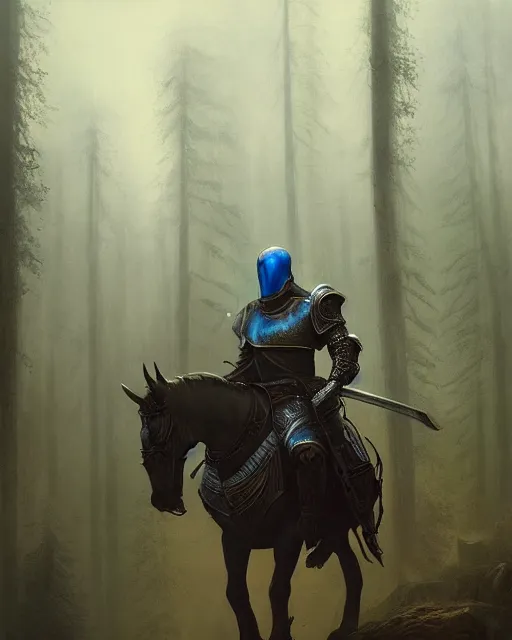 Image similar to Hyper realistic painting of a knight in rusty full plate armor wielding a greatsword, hyper detailed, surrounded by a dark forest, fog, moody, cinematic lighting, dim blue lighting, by greg rutkowski, trending on artstation