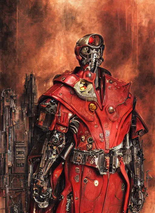 Prompt: portrait of rotten Tom Cruise as adeptus mechanicus in red hood and robe from Warhammer 40000. Highly detailed, artstation, illustration by and John Blanche and zdislav beksinski and wayne barlowe and Gustav Klimt
