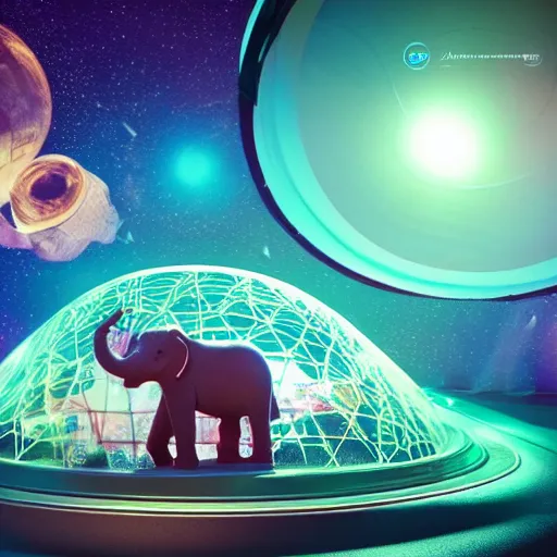 Image similar to a hyperrealistic 3D octane render of an elephant wearing virtual reality goggles playing a synthesizer inside of a geodesic dome planetarium with planets and galaxies, trending on artstation, 8k, 4K, dramatic lighting, glowing, volumetric lighting, ray tracing, unreal engine