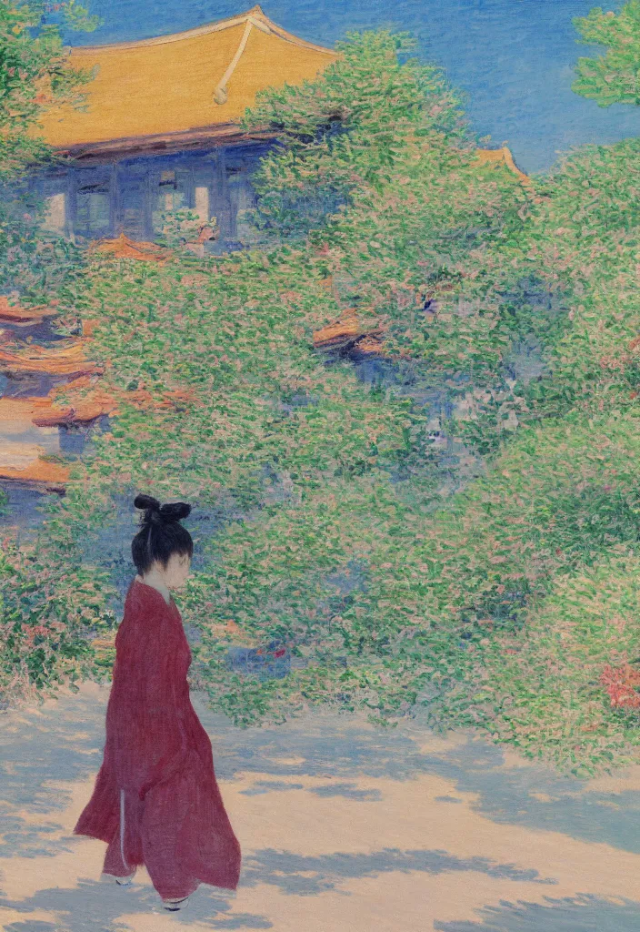 Prompt: tiny samurai in front of a futuristic japanese country side landscape, edo era house in the background, blue sky, magnificient clouds, lofi vibe, vivide colors, amazing light, really beautiful nature, oil painting, impressionist style, by claude monet, by ghibli, by kandinsky, multiple brush strokes, masterpiece