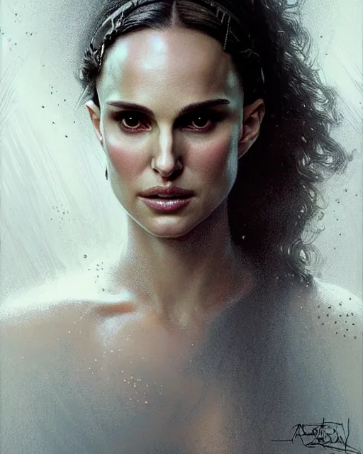 Image similar to a portrait of natalie portman fantasy character portrait, ultra realistic, cinematic, concept art, wide angle, intricate details, hologram, highly detailed by greg rutkowski, aaron horkey, gaston bussiere, craig mullins, simon bisley, arthur rackham