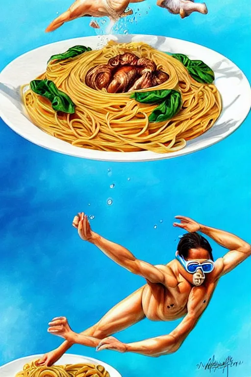 Prompt: olympic diving springoard, diver is diving head down into a dish of pasta, detailed realistic art, artgerm