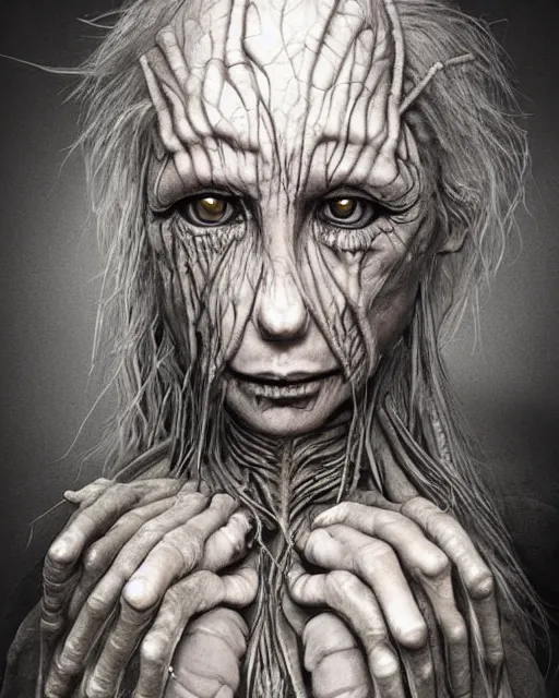 Image similar to a character portrait of a fully clothed female mutant dressed as a homeless person using her mutant powers in the style of h. r. giger / zdzisław beksinski / david cronenberg trending on artstation deviantart pinterest hyper detailed photorealistic highlights and shadow hd 8 k post - processing high resolution