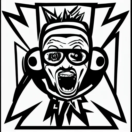 Image similar to svg vector sticker of absolutely insane-mad-scientist-villain, rocking out, wearing headphones, huge speakers, dancing, rave, DJ, spinning records, digital art, amazing composition, rule-of-thirds, award-winning, trending on artstation, featured on deviantart