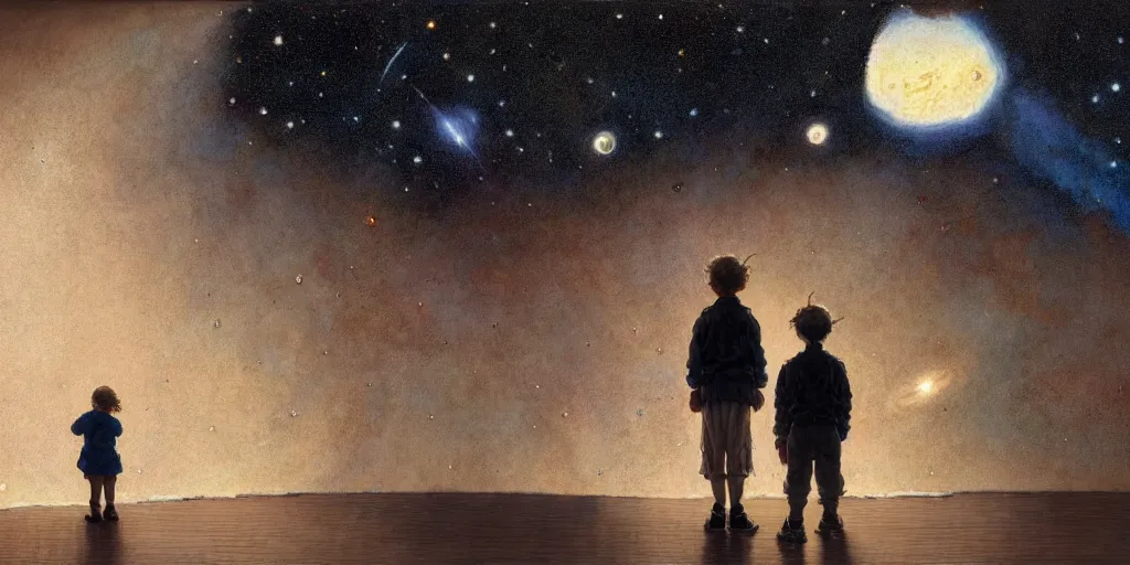 Image similar to a 5 year old boy and 1 2 year old girl looking at a wall and viewing the universe full of galaxies, imagination, part by norman rockwell, part by greg rutkowski, part by mattias adolfsson, high angle, ( ( ( ( volumetric lighting ) ) ) ), oil on canvas