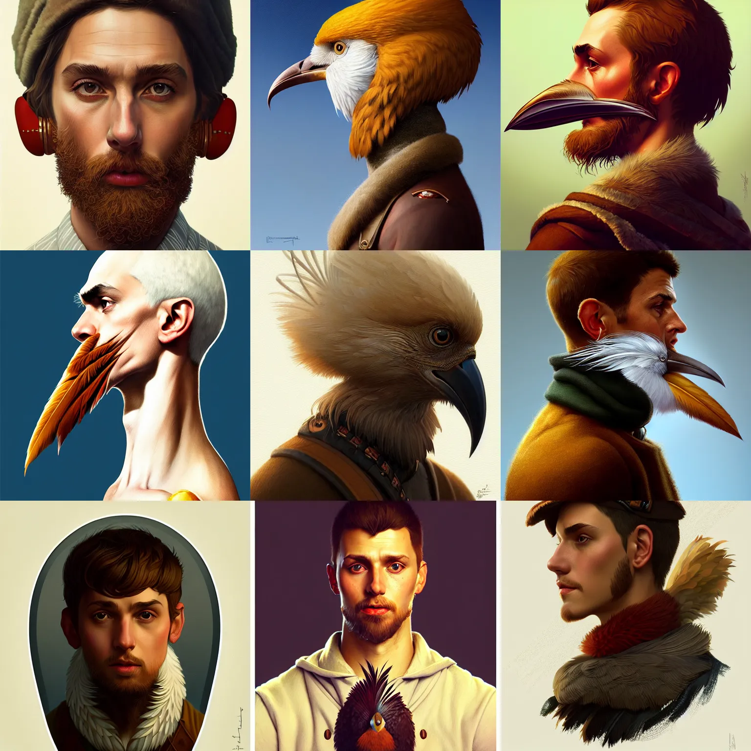 Prompt: rpg! profile! portrait on white background, beak, feathers, intricate, highly detailed, digital painting, artstation, concept art, smooth, sharp focus, illustration, art by norman rockwell emiliano ponzi andrey remnev yoann lossel aaron jasinski, 8 k