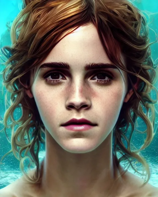 Image similar to underwater pirate portrait of emma watson, au naturel, hyper detailed, digital art, trending in artstation, cinematic lighting, studio quality, smooth render, unreal engine 5 rendered, octane rendered, art style by klimt and nixeu and ian sprigger and wlop and krenz cushart.