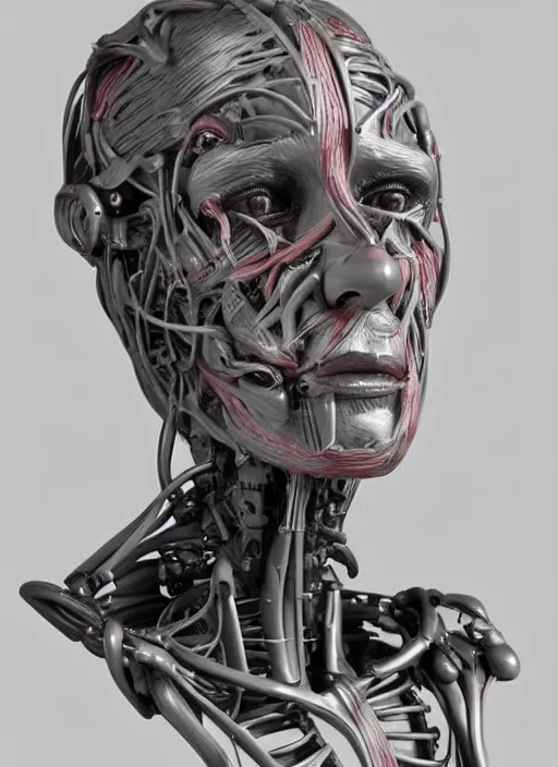 Image similar to a bust sculpture of anatomical female detailed cyborg, become human, ceramic base, orthographic, studio lighting
