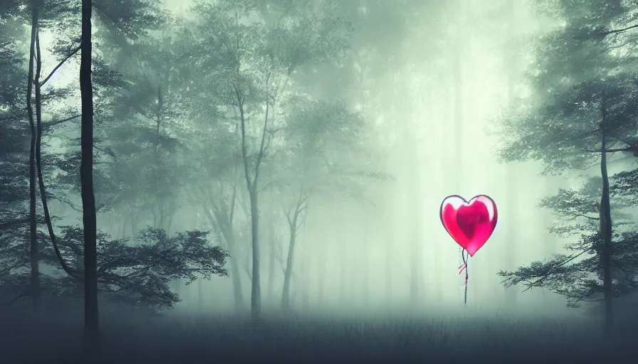 Image similar to A unicorn made out of balloons floats lonely through a dark foggy Forest, Digital Art, Photorealism, Hyper Realistic, Hyperdetailed, Movie Screenshot, iMAX Quality