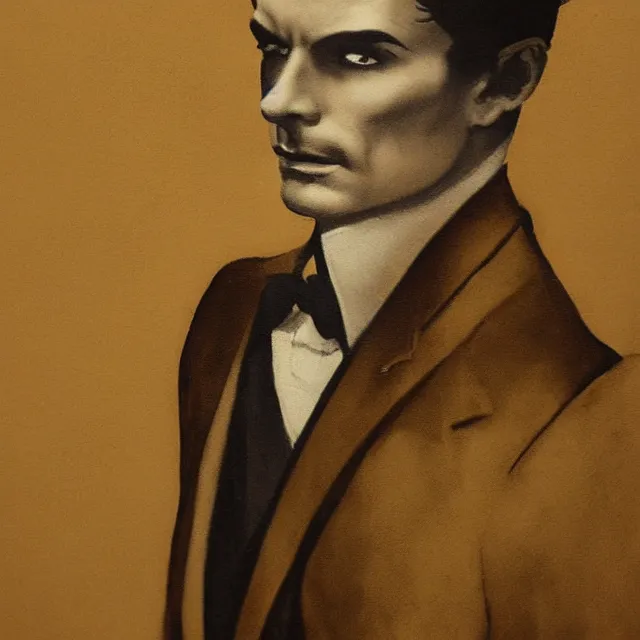 Image similar to photorealistic sepia full - head portrait of a 1 9 2 0 s era smirking male occultist, well dressed, long - tailed tuxedo coat, atmospheric lighting, dark, brooding, painted, intricate by frank frazetta, ultra detailed, well composed, best on artstation, cgsociety, epic, stunning, gorgeous, intricate detail, much wow, masterpiece