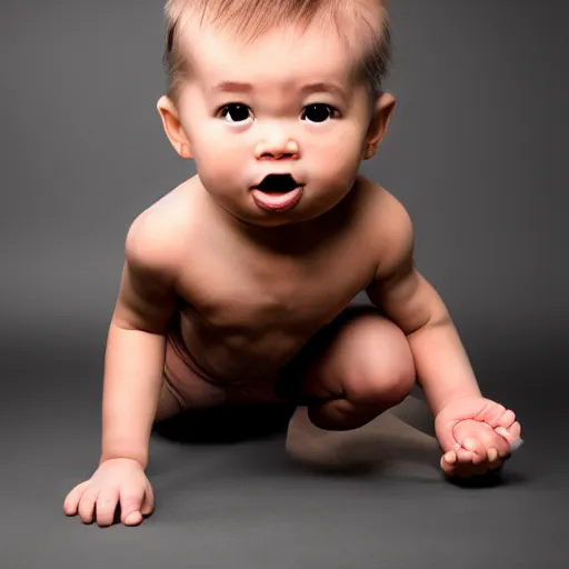Image similar to an extremely muscular baby flexing, intense expression, epic, high detail, high contrast