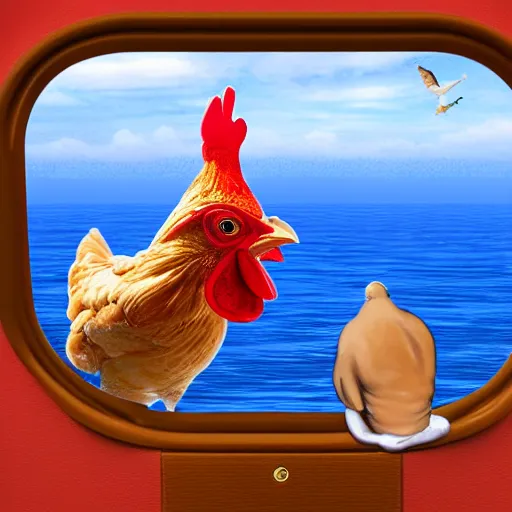 Prompt: humanoid chicken with a headache, on a flight over the sea, realistic scene, very detailed