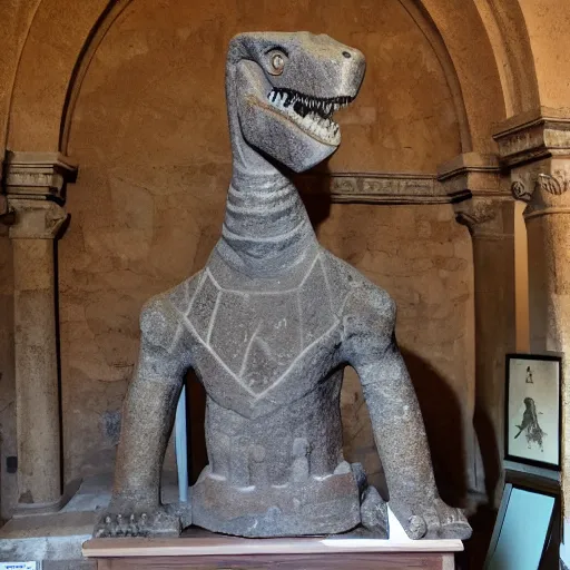 Image similar to ancient Irish, photo of stone carved statue of a dinosaur, romanesque style, in a museum room