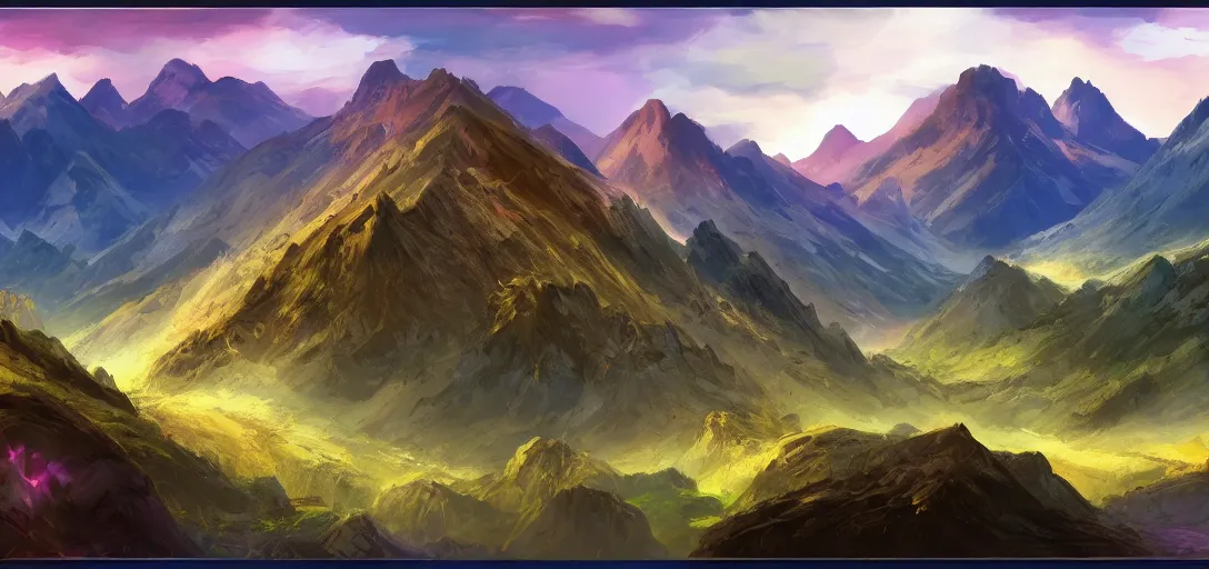 Image similar to vast mountain landscape, craggy, mountains, magic the gathering, three - colors, three - color color palette, panoramic, wide angle, horizon, 4 k resolution,