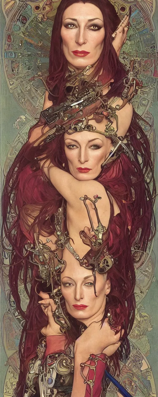 Image similar to striking sensual colorful art nouveau style portrait of anjelica huston as an industrial leatherpunk rebel commander by glenn fabry, simon bisley and alphonse mucha, photorealism, extremely hyperdetailed, perfect symmetrical facial features, perfect anatomy, ornate declotage, spikes, latex, excited expression, wild eyes