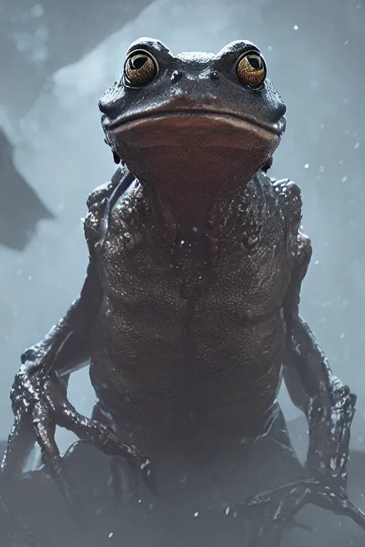 Image similar to A portrait of a monstrous frog by Greg Rutkowski, Sung Choi, Mitchell Mohrhauser, Maciej Kuciara, Johnson Ting, Maxim Verehin, Peter Konig, Bloodborne, 8k photorealistic, cinematic lighting, HD, high details, dramatic, dark atmosphere, trending on artstation