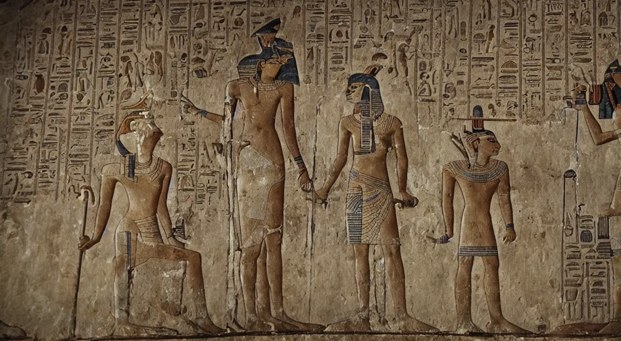 Prompt: egyptian animal gods looking for wifi, ancient egyptian murals.