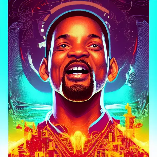 Image similar to the second coming of will smith, by dan mumford and ross tran, cosmic, terrifying, demon rays, intricate detail, cinematic, 8 k, cel shaded, unreal engine, featured on artstation, pixiv