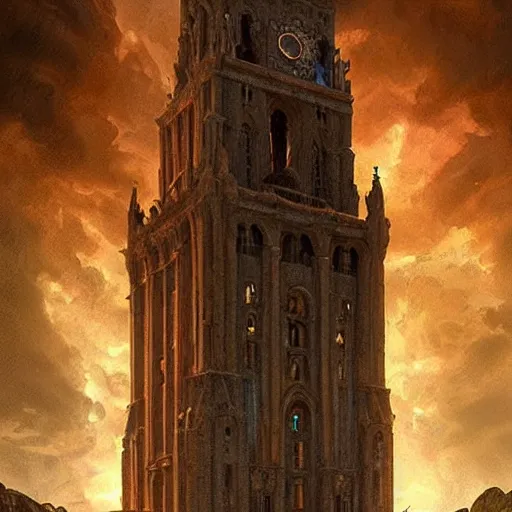 Image similar to epic masterpiece of cinematographic hyperrealism where a group of archeologists appears in front of a large demonic tower. realistic shaded lighting poster by craig mallismo, artgerm, jeremy lipkin and michael garmash, unreal engine, detailed and intricate environment, digital art, art station trends, horror, night, dark lighting, lightning