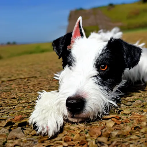 Image similar to old fox terrier with a white and black coat, red collar, white tail, lying in the sun