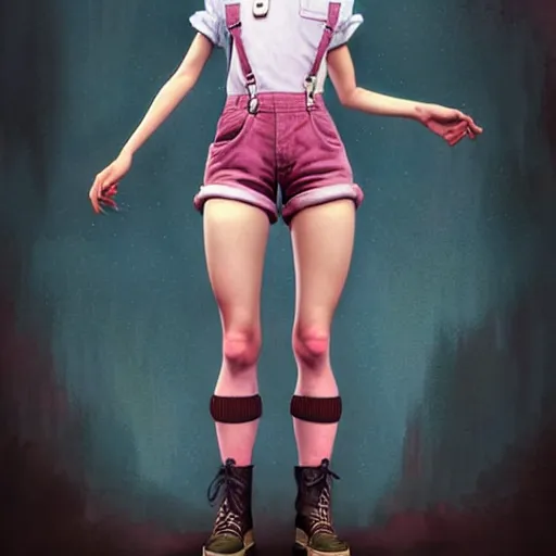 Image similar to full body pose, pixar, beautiful androgynous girl, pink pixie cut hair, torn overalls, short shorts, combat boots, fishnets, beautiful, highly detailed face, true anatomy!, extremely detailed!, digital painting, unreal engine 5, art by tom bagshaw