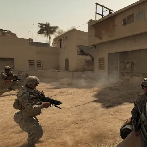 Image similar to Photo of a US Army platoon fighting terrorists on the Dust 2 real-life map, very high quality, hyper realistic 4k