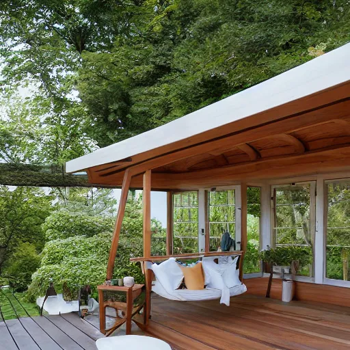 Prompt: roofed elevated veranda of a brown wooden summerhouse with a white swinging garden hammock