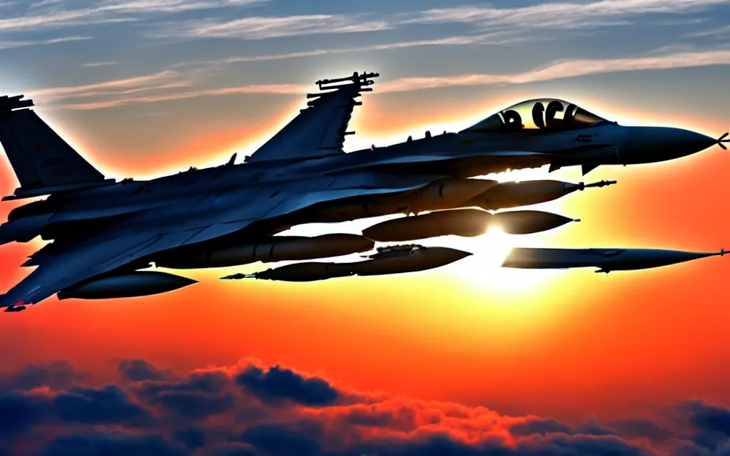 Image similar to photo of a f 1 6 jet plane flying in the sunset over the clouds