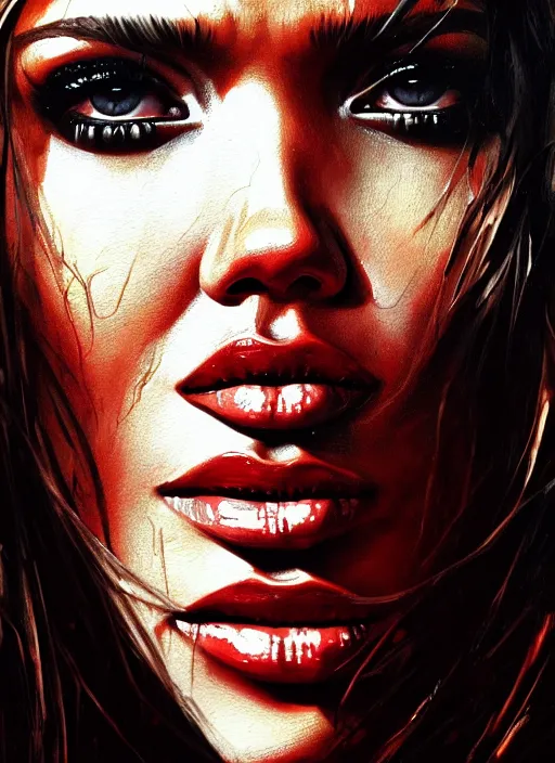 Image similar to close up portrait of jessica alba as a monster in the mountains of hell, oil painting by tomasz jedruszek, cinematic lighting, pen and ink, intricate line, hd, 4 k, million of likes, trending on artstation