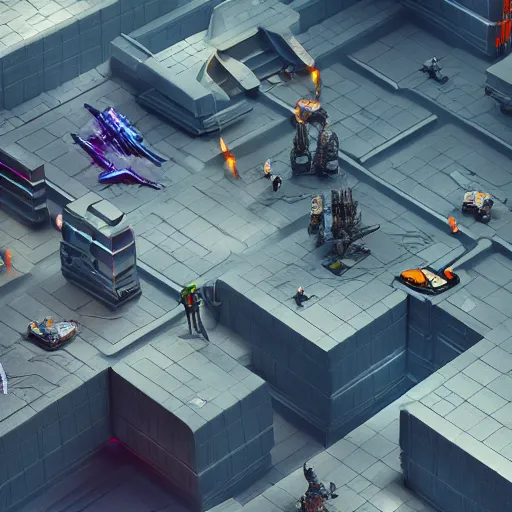 Prompt: isometric futuristic game, highly detailed, octane render, 3 d, by hieronymous bosch
