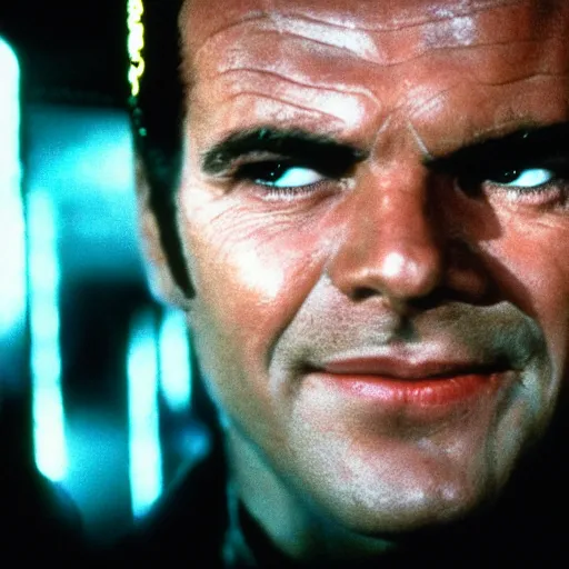 Image similar to very young Jack Nicholson as Rick Deckard on blade runner 1982, smiling, wide angle lens, 35mm, movie still, city lights on the background, in color, movie frame, detailed face, symmetrical face, 4k