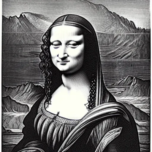 Image similar to monalisa in the style of Gustave Doré!!!!!!!!!!!!!!!!!!!, etching, etching, etching painting, etching!!!!!!!!!!!!!!!!!!!, wood-engraving!, Gustave Doré, Gustave Doré, Gustave Doré!!!!!!!!!!