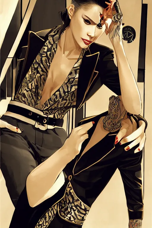 Image similar to yakuza slim girl, gold suit jacket in snake print, jacket over bare torso, yakuza tattoo on body, black short curtain haircut, black leather pants with black belt, portrait, elegant, 2d, ultra highly detailed, digital painting, smooth, sharp focus, artstation, art by Ilya Kuvshinov, rossdraws