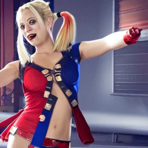 Image similar to A still of Kaley Cuoco as Harley Quinn, full-figure