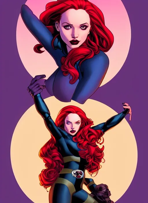 Prompt: Rafeal Albuquerque comic art, Joshua Middleton comic art, cinematics lighting, sunset colors, pretty female Madelaine Petsch Rogue x-men marvel, big smirk, symmetrical face, symmetrical eyes, long red hair and white hair, with white streak in hair, full body, flying in the air, sunset