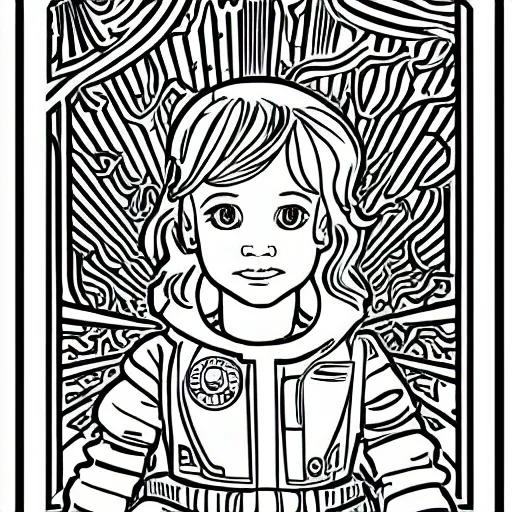 Prompt: clean simple line art of a cute little girl with a mischievous face and short brown wavy curly hair. she is dressed as an astronaut. no background. well composed, clean coloring book page, beautiful detailed face. coloring book line art by steve ditko and jack kirby and johanna basford and alphonse mucha
