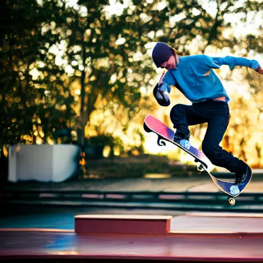 Prompt: professional photo of a skateboarder performing a grab trick, focused on brightly colored deck, thrasher magazine, 8 k, bokeh, bright ambient lighting key light, 8 5 mm f 1. 8